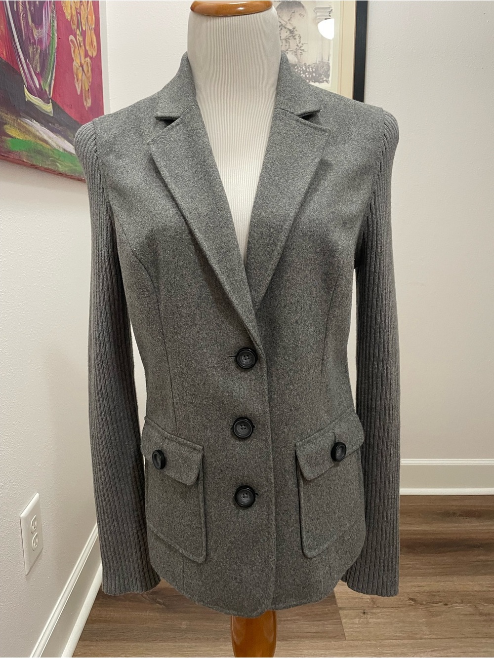CABI Gray Ribbed Knit Sweater Blazer Jacket Wool Blend Sz M Style 119